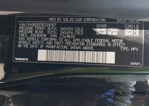 2012 Volvo Xc60 T6/T6 Platinum/T6 Premier Plus/T6 R-Design/T6 R-Design Platinum/T6 R-Design Premier Plus from USA, damaged, VIN YV4902DZ1C2310157